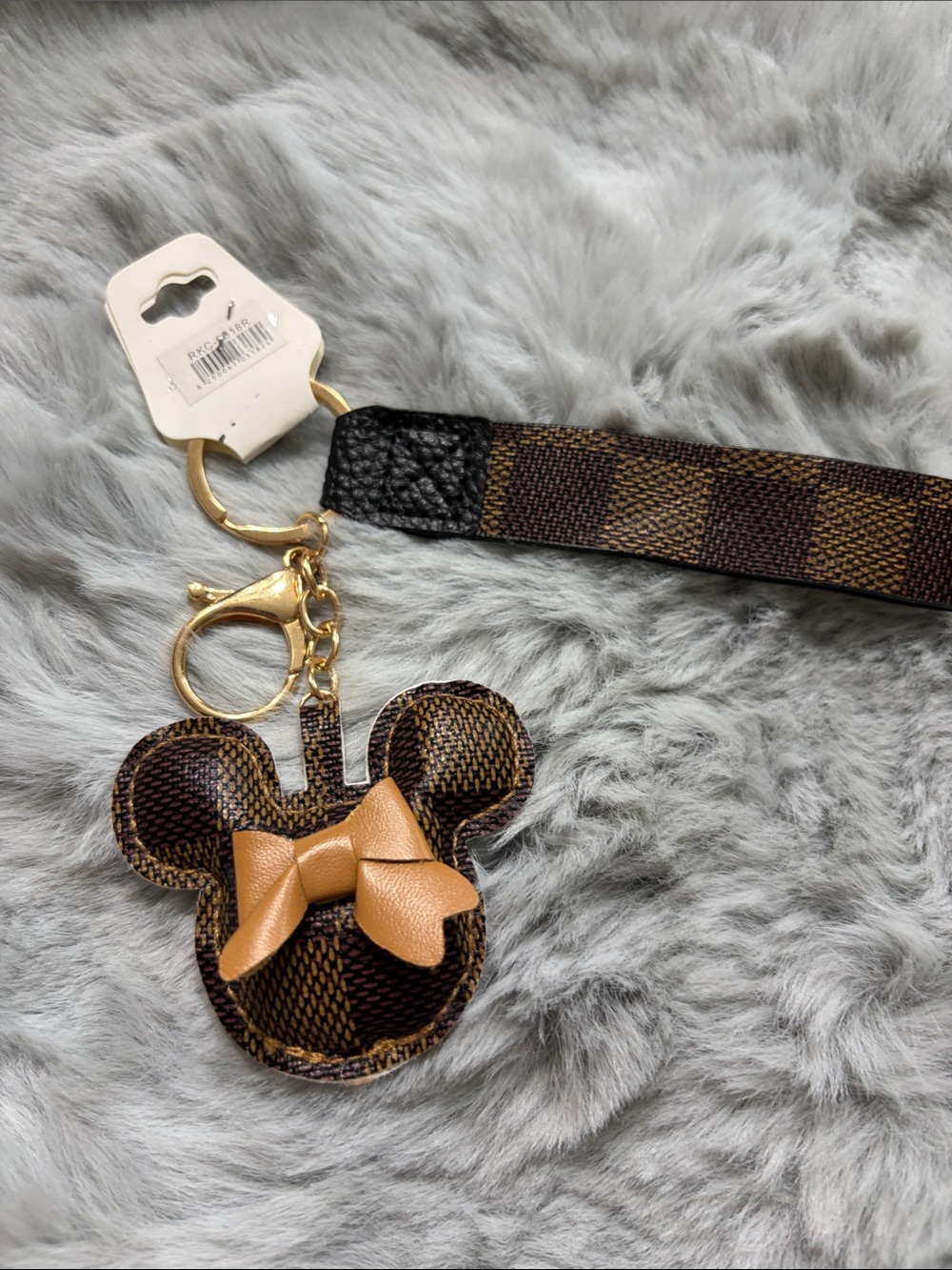 Brown Checkered Minnie Bow Keychain Wristlet